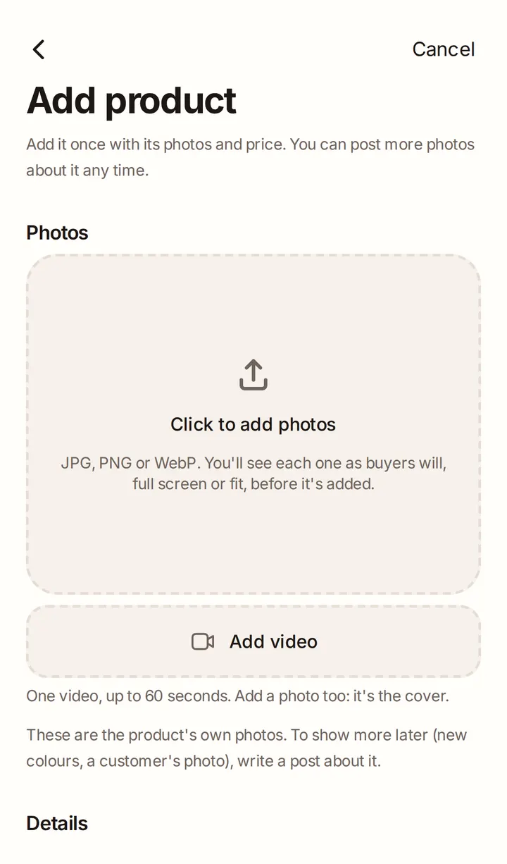 The Add product page