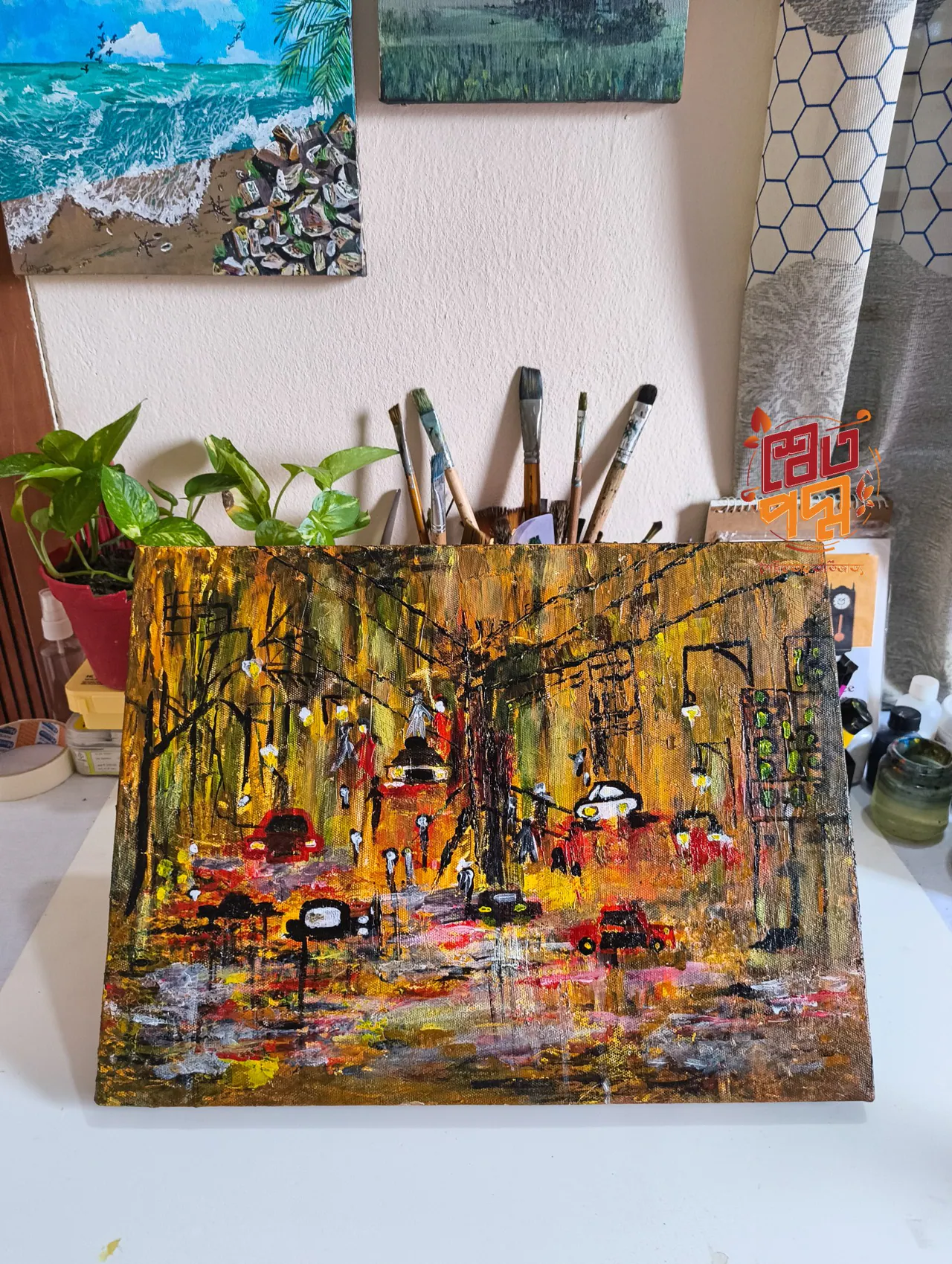 Abstract night street textured painting